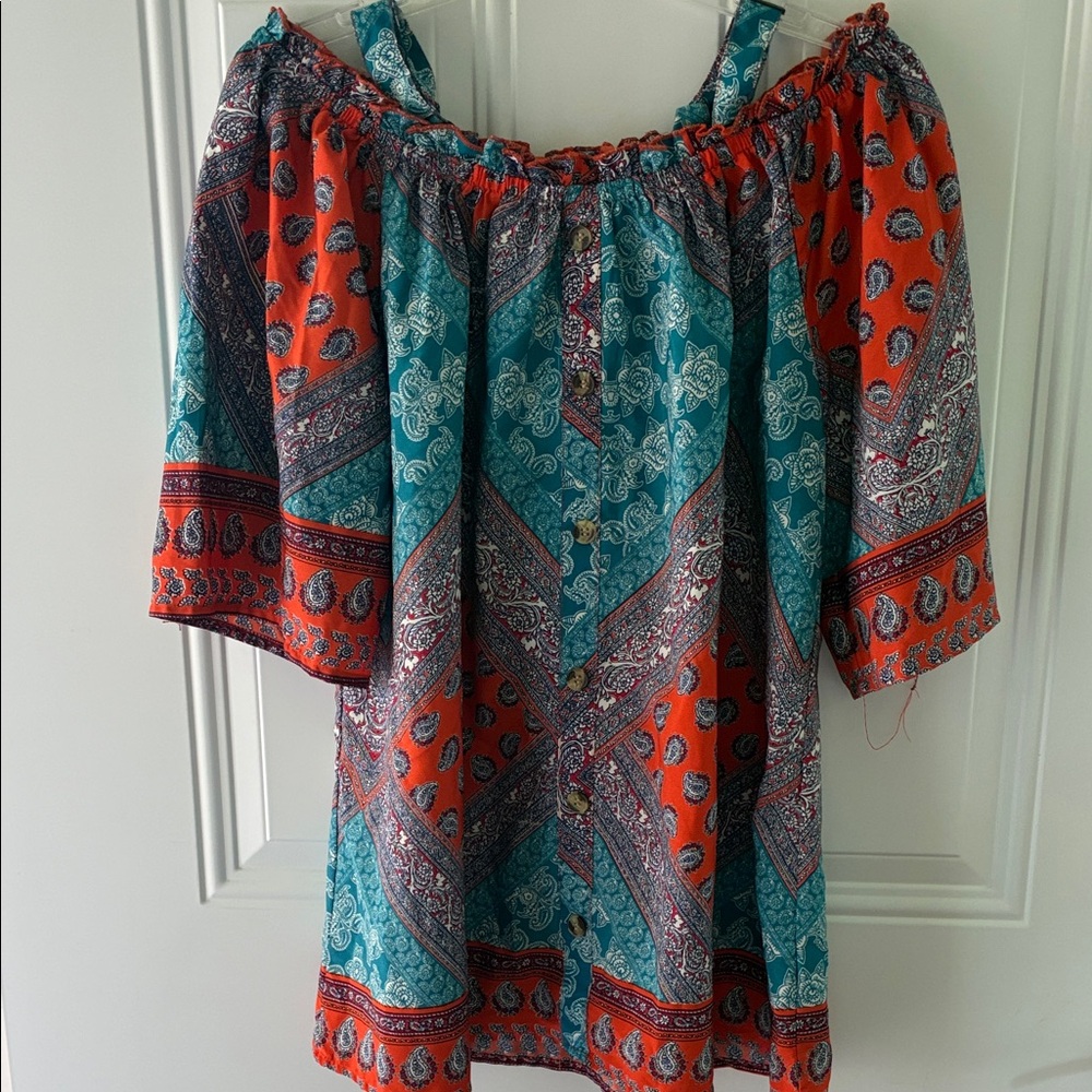 Paisley Off-Shoulder Tunic Top in Teal & Orange